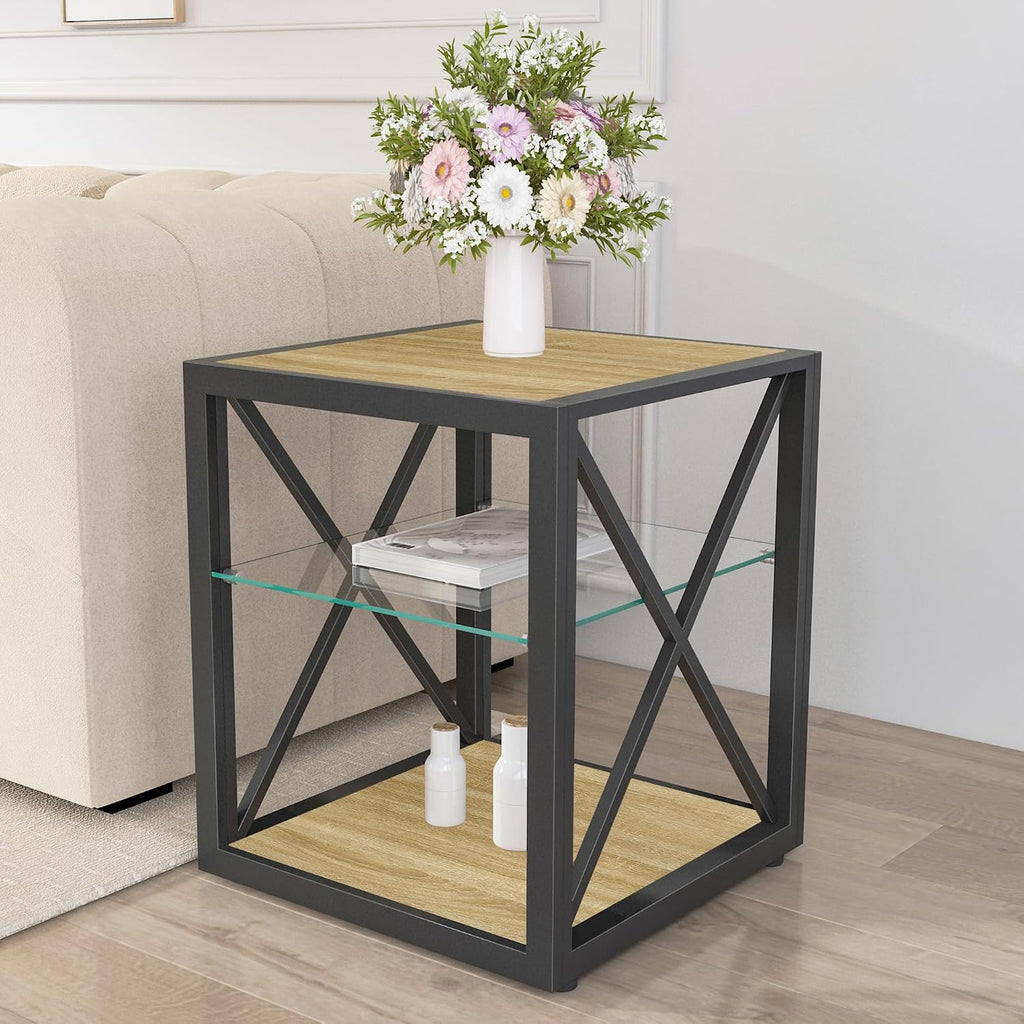 Modern Industrial End Table Nightstand with Tempered Glass Top & Natural Wood MDF, 3-Tier Storage, X-Frame Metal Base, Space-Saving Side Table for Bedroom & Living Room