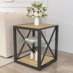 Modern Industrial End Table Nightstand with Tempered Glass Top & Natural Wood MDF, 3-Tier Storage, X-Frame Metal Base, Space-Saving Side Table for Bedroom & Living Room