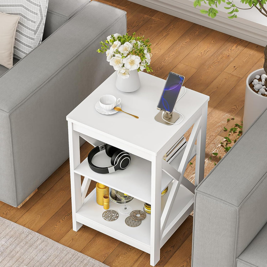 SEJOV Side Table for Living Room, White End Table with 3-Tier Storage Shelves X-Design Night Stand for Small Spaces Farmhouse Wooden Nightstand for Bedroom Bed Side Office