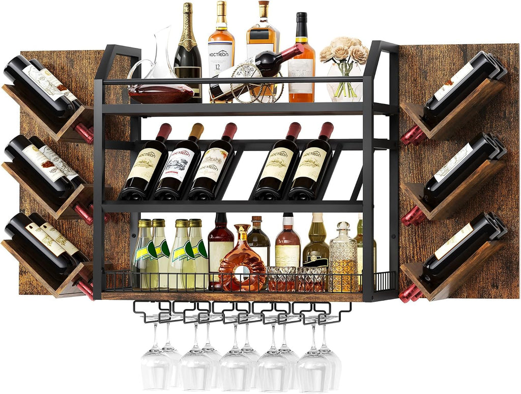 Hoctieon 48.6in Wall Mounted Wine Rack, 3 Tier Hanging Wine Racks with Glass Holder, Large Capacity Bar Shelves, Metal Wood Bottle Display Storage for Kitchen, Home Bar, Dining Room, Rustic Brown