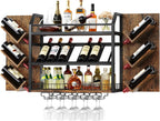Hoctieon 48.6in Wall Mounted Wine Rack, 3 Tier Hanging Wine Racks with Glass Holder, Large Capacity Bar Shelves, Metal Wood Bottle Display Storage for Kitchen, Home Bar, Dining Room, Rustic Brown
