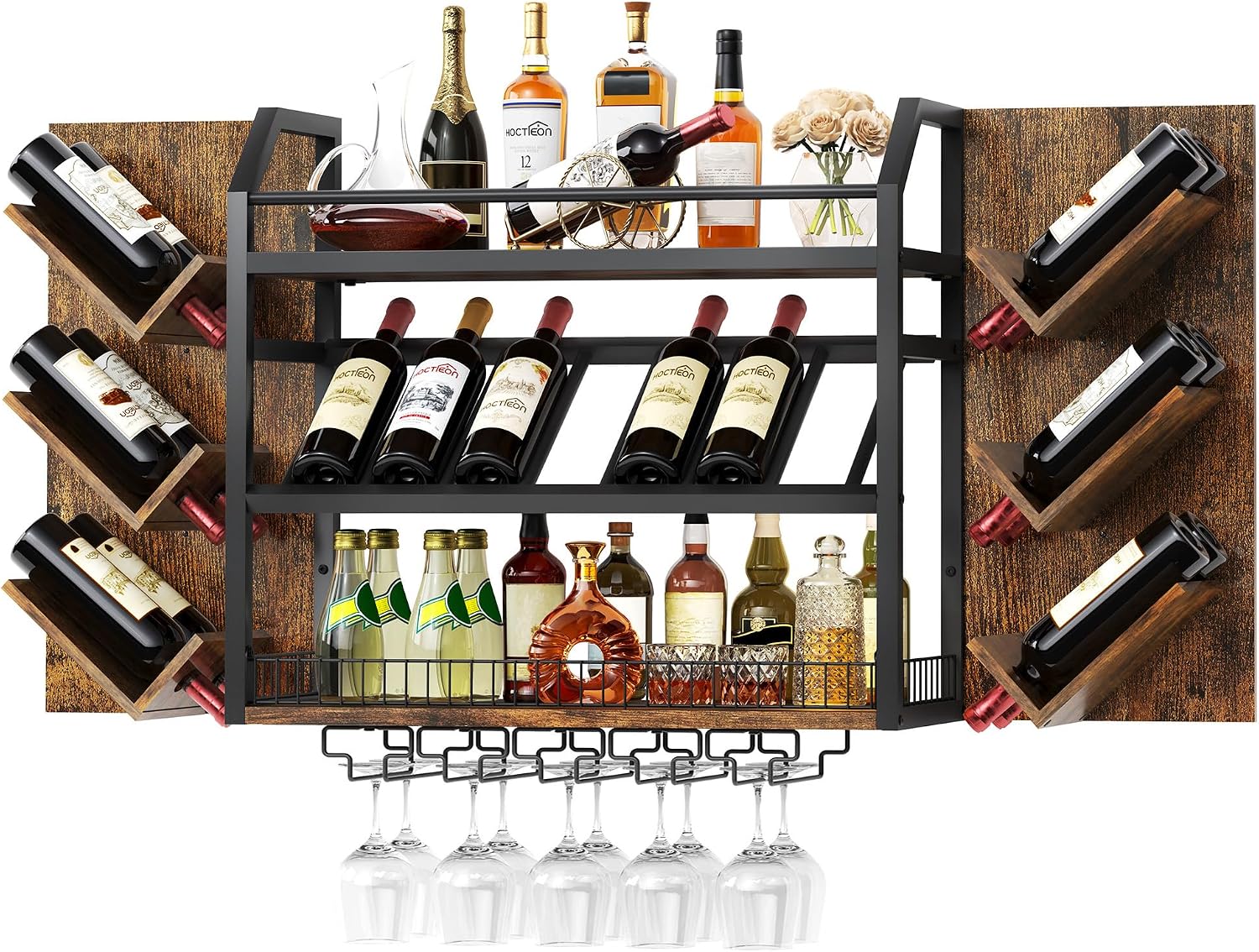 Hoctieon 48.6in Wall Mounted Wine Rack, 3 Tier Hanging Wine Racks with Glass Holder, Large Capacity Bar Shelves, Metal Wood Bottle Display Storage for Kitchen, Home Bar, Dining Room, Rustic Brown