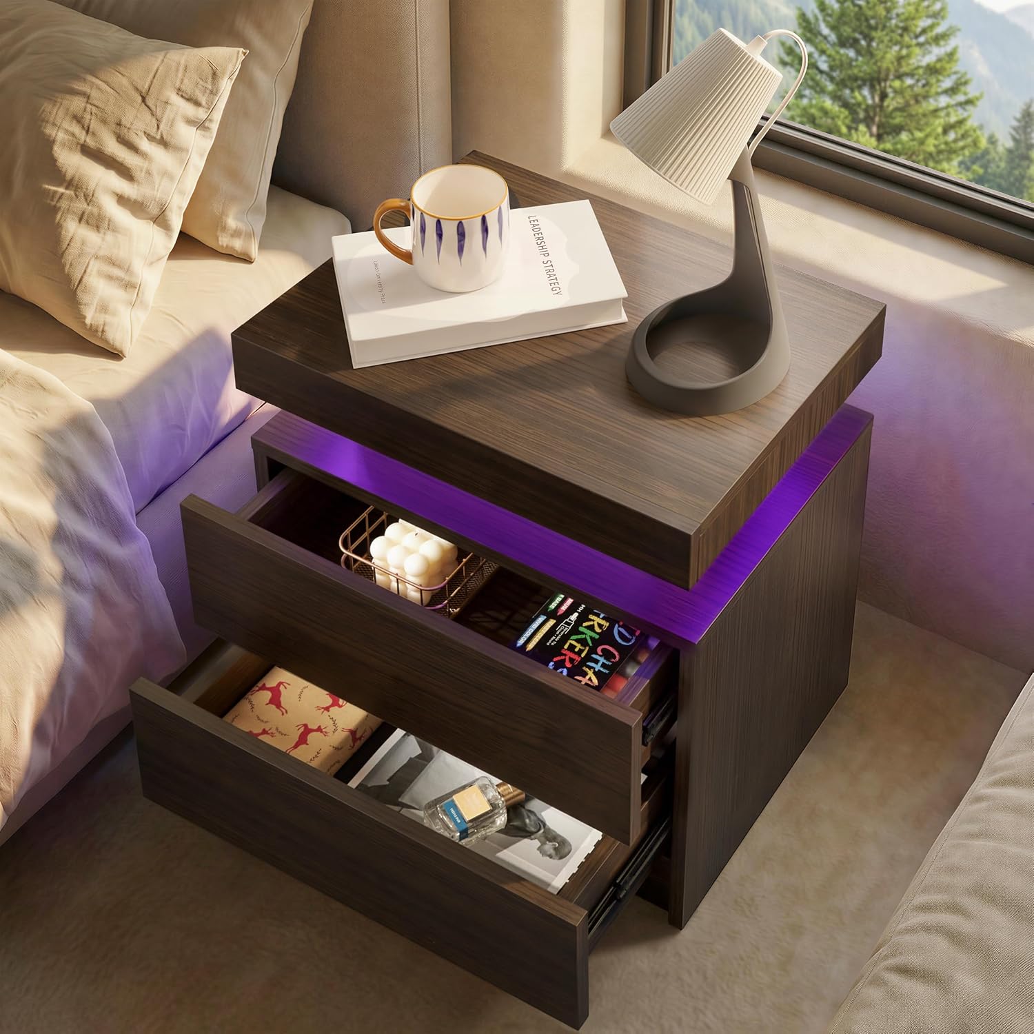 i-aplus Brown Modern LED Nightstand Set of 2 with 2 Wood Drawer for Bedroom | Nightstands with App-Controlled RGB LED Lights, Night Stand with Storgae Drawer, Modern Bedside Table for Bedroom