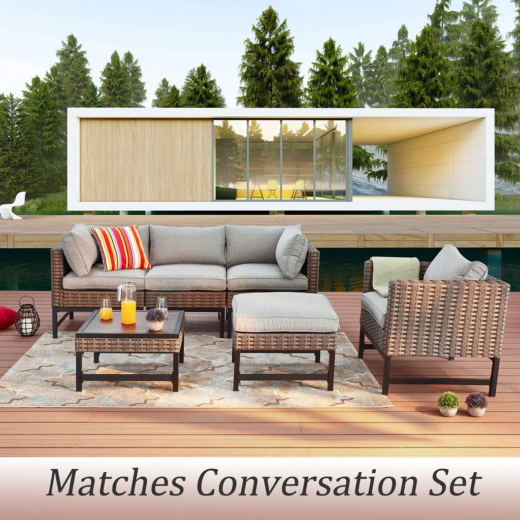 Outdoor Patio Ottoman with Cushion All Weather Wicker Footrest Rattan Furniture Square Footstool Seat with Metal Frame for Deck Yard Lawn