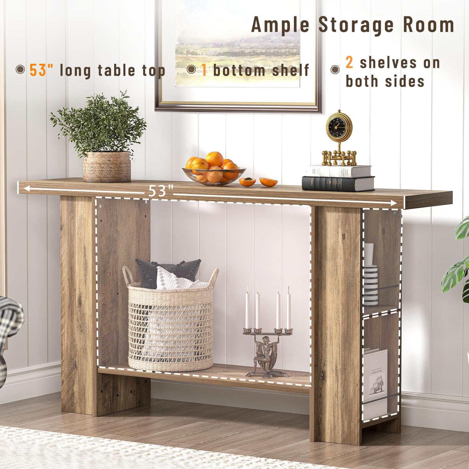 FOLUBAN 53 Inch Long Entryway Table, 2-Tier Wood Console Table with Storage Side Shelves, Farmhouse Sofa Table for Living Room, Narrow Hallway Foyer Table Behind Couch for Home Decor, Rustic Oak