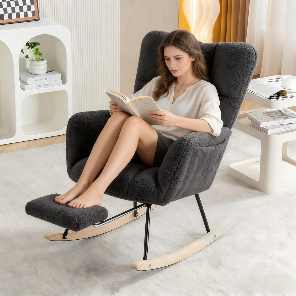Modern Teddy Fabric Leisure Rocking Chair with Adjustable Footstool, High Backrest, Storage Pocket On The Right Side, Nursery Rocking Chair for Living Room, Bedroom, Nursing Room, Gray