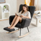 Modern Teddy Fabric Leisure Rocking Chair with Adjustable Footstool, High Backrest, Storage Pocket On The Right Side, Nursery Rocking Chair for Living Room, Bedroom, Nursing Room, Gray