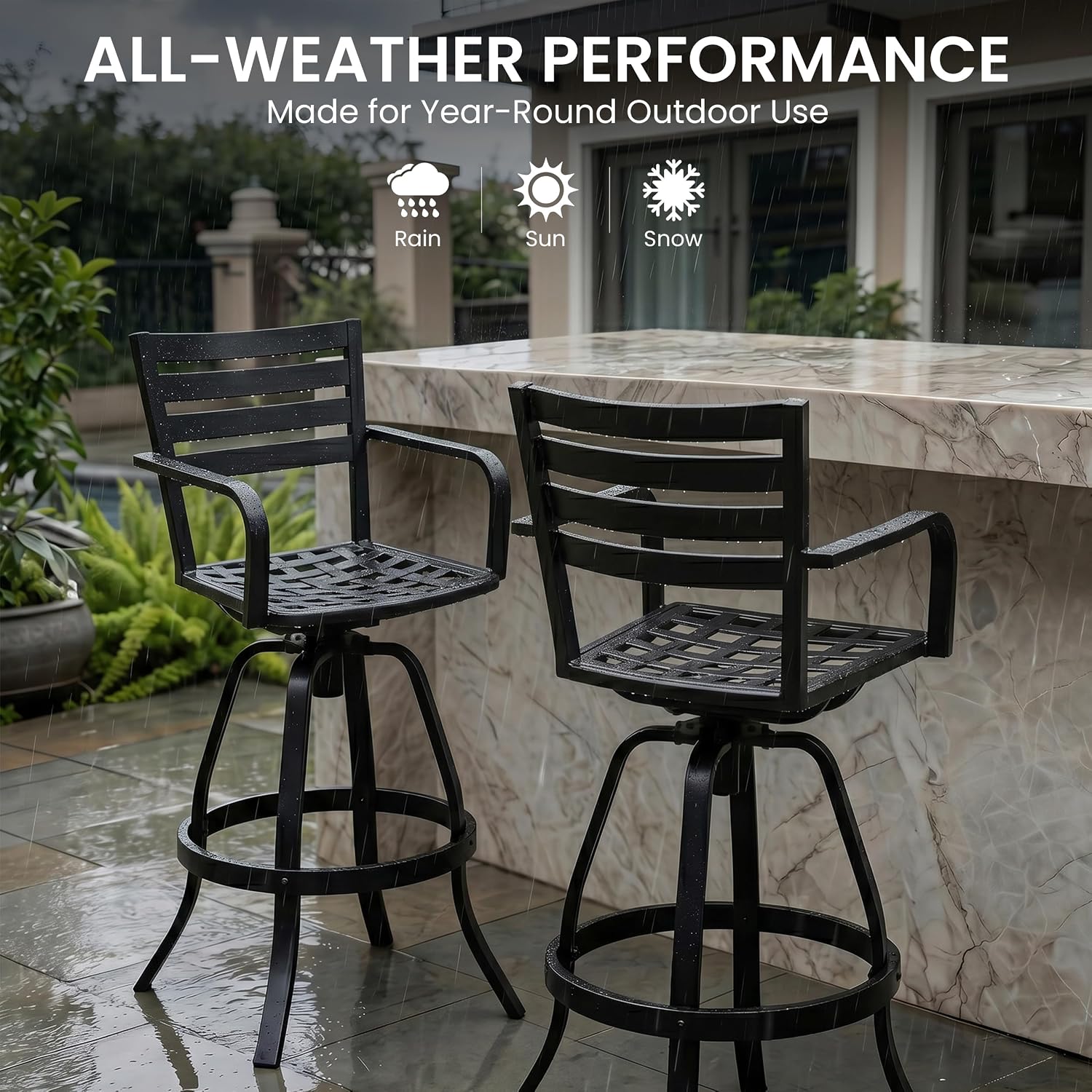 Crestlive Products Heavy Duty Cast Aluminum Outdoor Swivel Bar Stools with Sunbrella Cushion, Patio Bar Height Chair Set of 4, All Weather Black Finish for Outside, Commercial Grade(Milano Char)