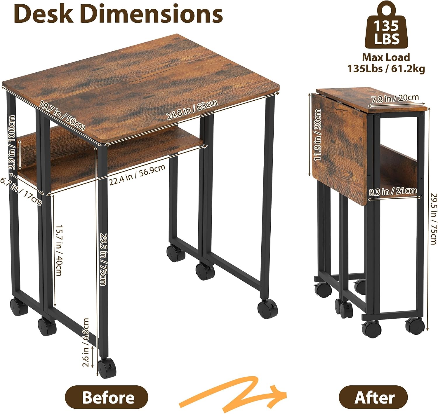 Folding Desk Small Rolling Desk with Storage Shelf,24.8 Inch Foldable Computer Table with Wheels,Portable Office Desk for Small Space Sofa Table,Easy to Fold,Writing Work Office Computer Desk,Walnut