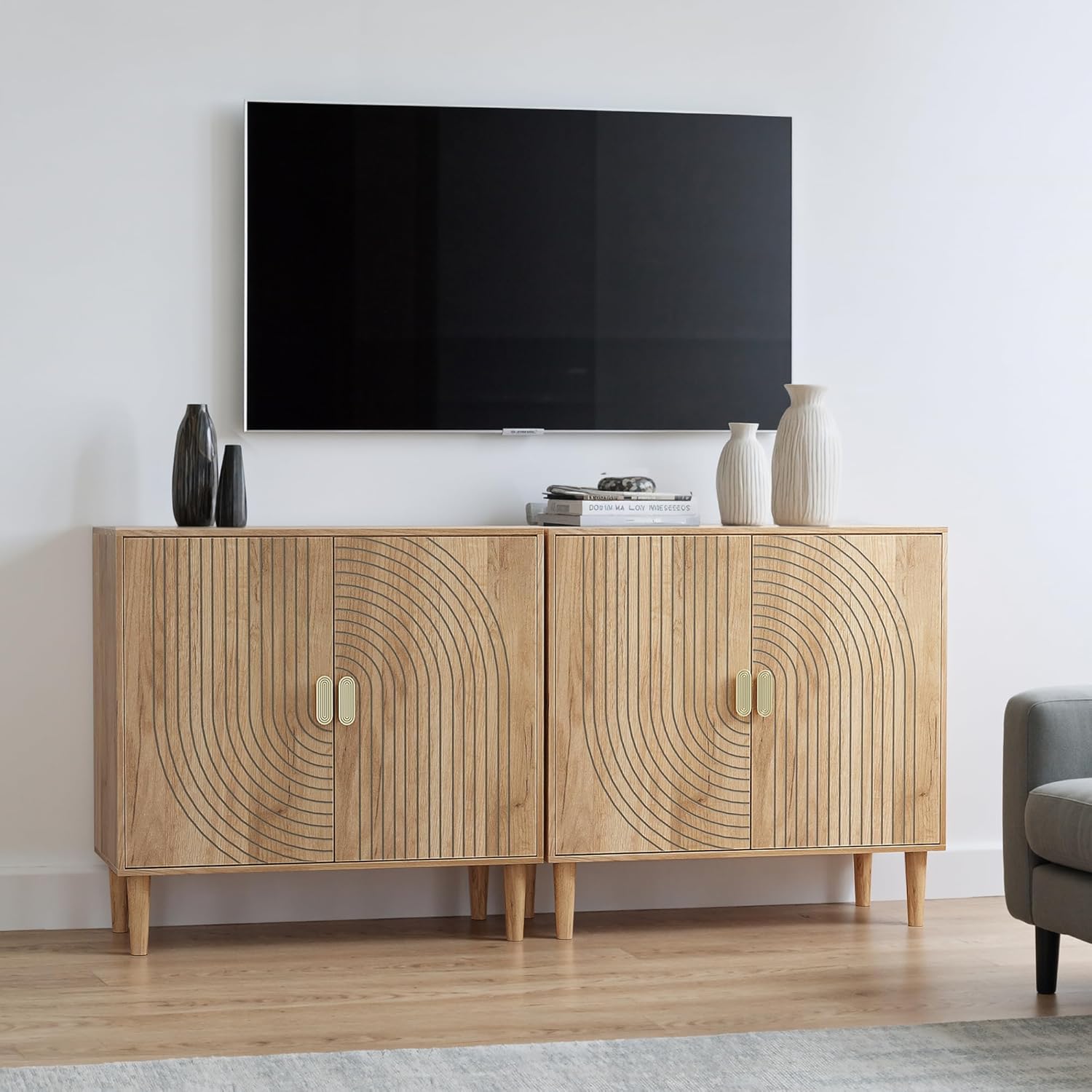 Smuxee Oak Sideboard Cabinet, Freestanding Buffet Cabinet with Line Groove Design, Wood Storage Cabinet with Adjustable Shelf for Living Room, Entryway, Hallway