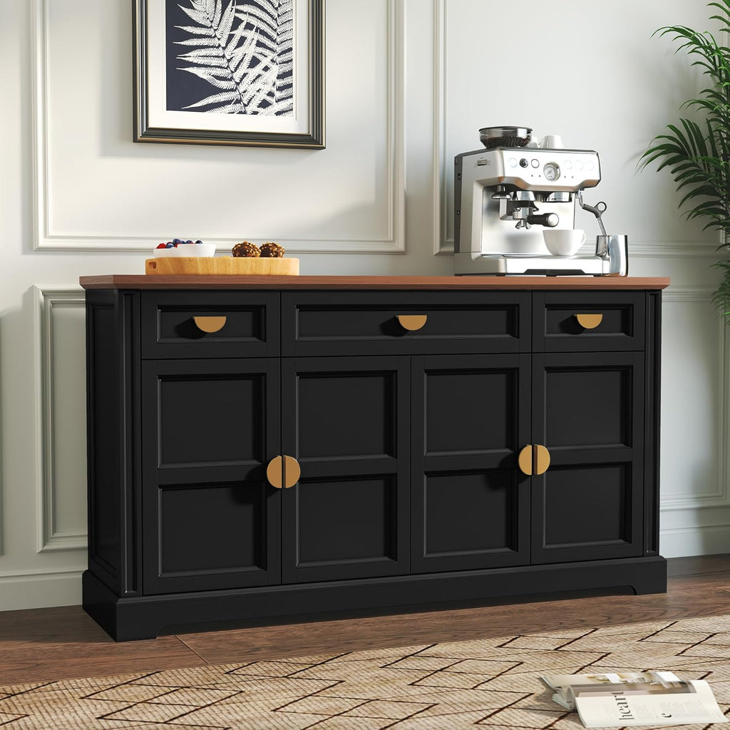 HLR 60” Large Buffet Sideboard Cabinet with 4 Doors and 3 Drawers Shaker Style, Coffee Bar Storage Cabinet for Dinning Room, Kitchen, Living Room, Black