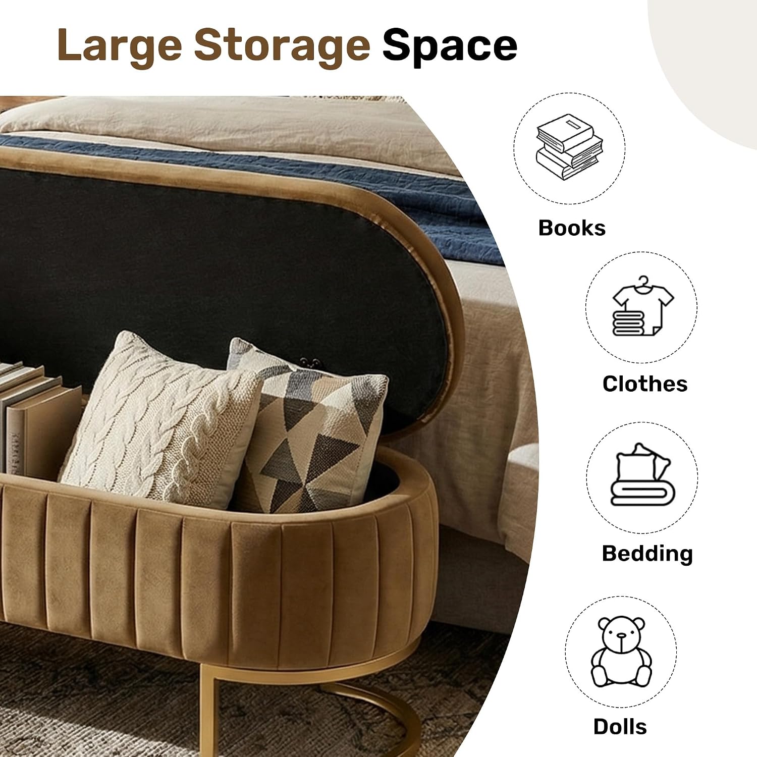 51 Inch Storage Ottoman Bench Velvet End of Bed Storage Bench King Size Upholstered Tufted Bench Large Space for Bedroom Living Room Entryway Coffee