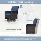 Kurapika 3 Pieces Patio Furniture Set Outdoor Swivel Gliders Rocker, Wicker Patio Bistro Set, Rattan Rocking Chair with Tempered Glass Side Table and Thickened Cushions (Navy Blue)