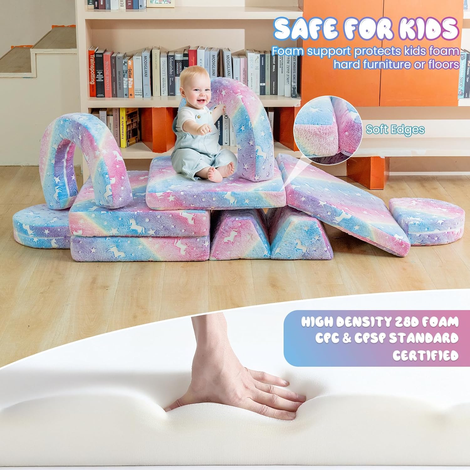 10Pcs Modular Kids Play Couch Glow, Convertible Play Fort Kids Couch, Instant Rebound 28D Foam Toddler Couchs, Kid Sofa for Playroom, Bedroom Furniture, Colorful and Unicorn