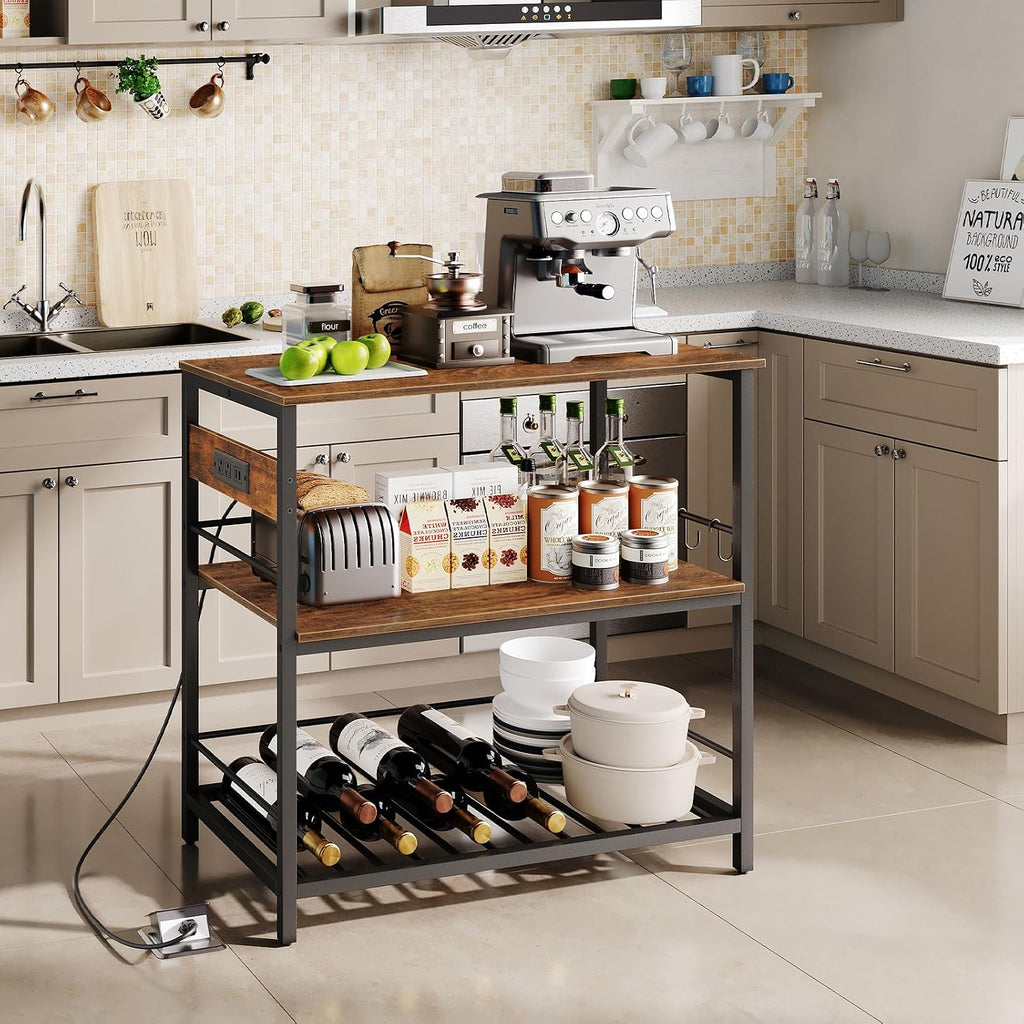 HOOBRO Kitchen Island with Storage, Kitchen Island Table with Power Outlet, 47.2" L 3 Tier Kitchen Counter and Microwave Stand, for Home, Kitchen and Dining Room, Rustic Brown and Black BF120UZD01