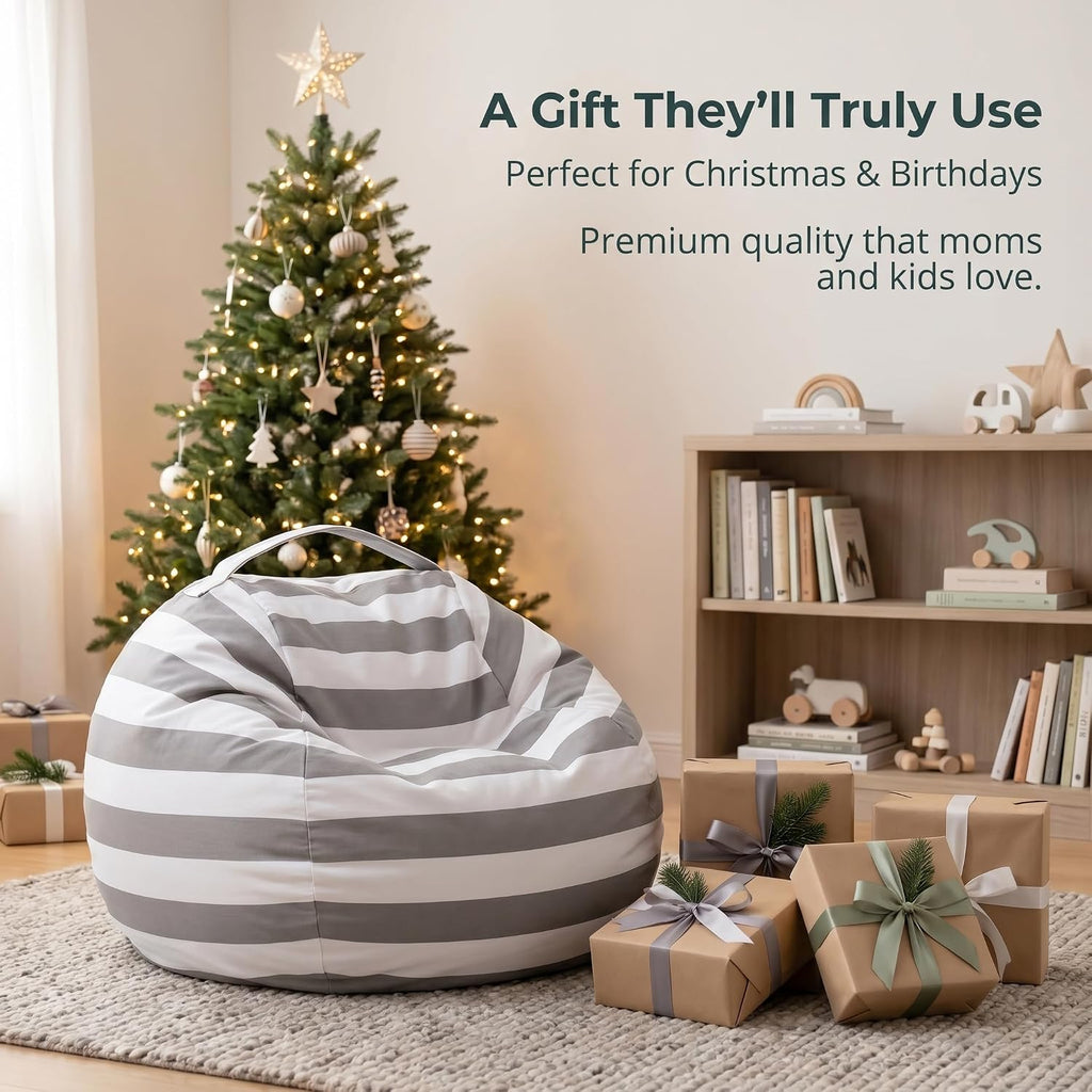 Amzlink® Stuffed Animal Storage Bean Bag Chair Cover for Kids - Stuffable Zipper Beanbag for Organizing Children Plush Toys, Heavy Duty Large Cotton Canvas, Grey, Ideal for Bedroom Playroom Classroom