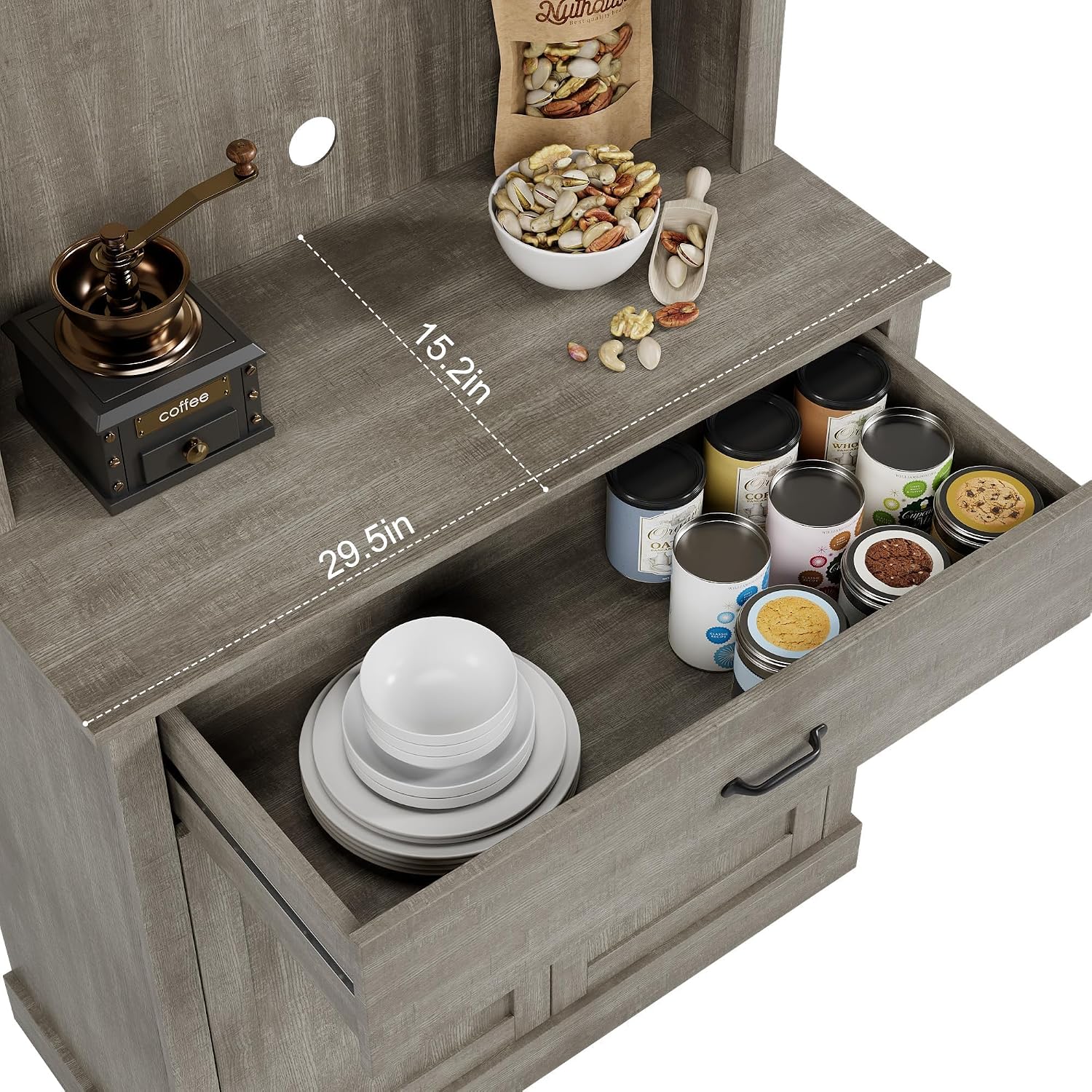 GarveeHome Kitchen Pantry Cabinet, 71 in Tall Kitchen Hutch Storage Pantry with Microwave Stand, Freestanding Buffet with Shelves and Glass Doors for Home Dining Room, Grey