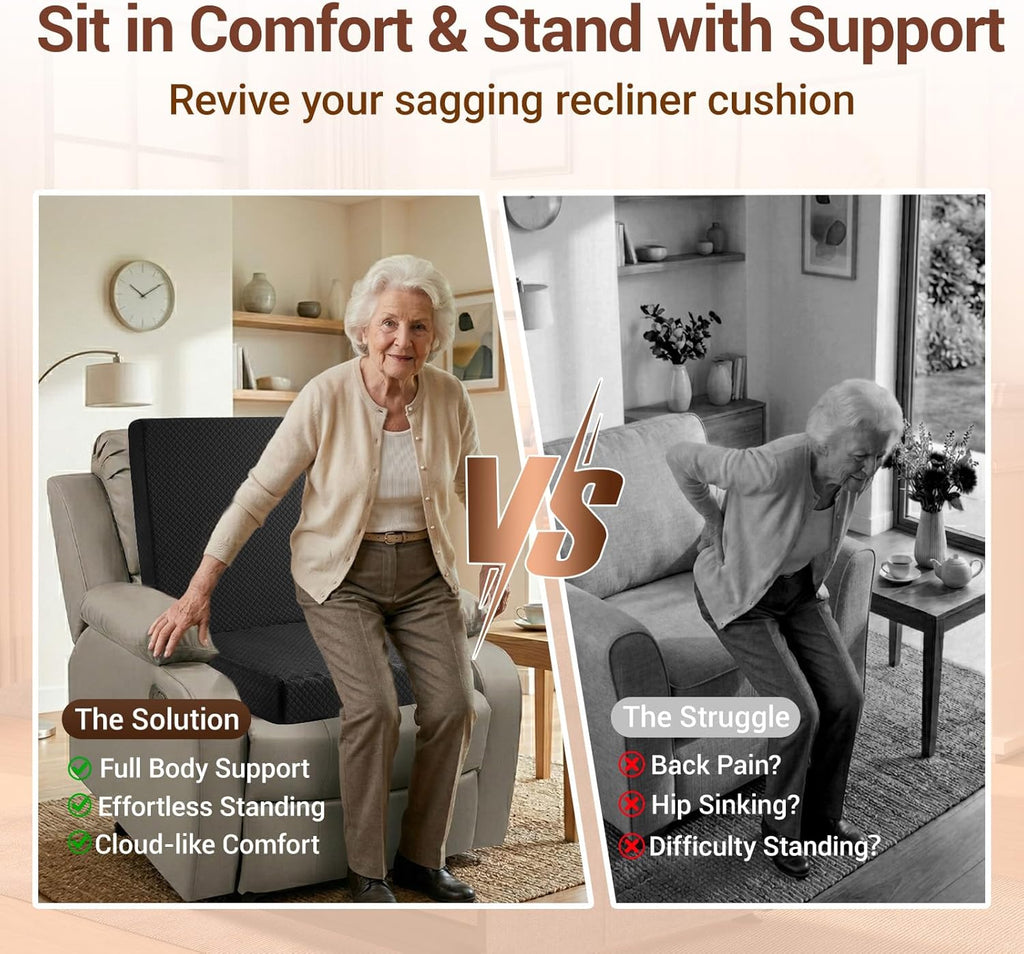 Recliner Cushions for Elderly,20x20x4 Inch Thick Egg Crate Foam Seat Cushion with Back Support Pillow for Reduce Hip & Lumbar Pain, Non-Slip Bottom and Removable Washable Cover,Black