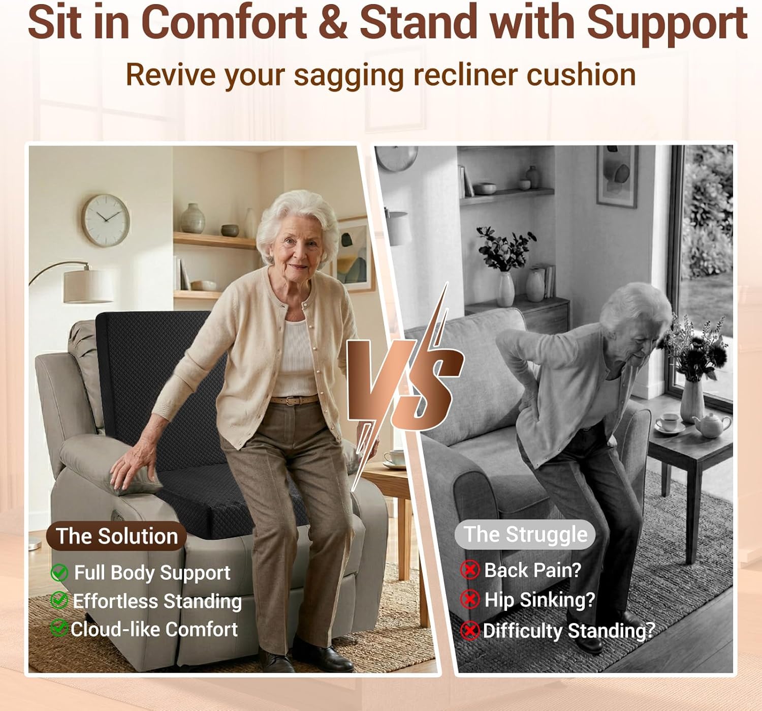 Recliner Cushions for Elderly,20x20x4 Inch Thick Egg Crate Foam Seat Cushion with Back Support Pillow for Reduce Hip & Lumbar Pain, Non-Slip Bottom and Removable Washable Cover,Black