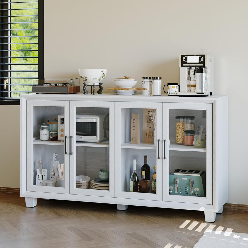 AIEGLE Sideboard Buffet Cabinet with Storage, Kitchen Sideboard with Glass Doors, 60.4" Coffee Bar with Rubber Wood Legs & Shelves, Storage Cabinet for Living Room, White