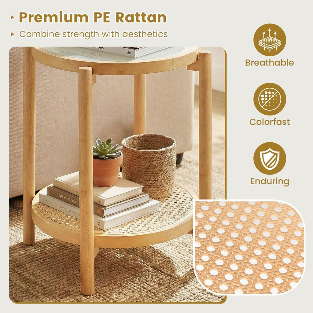 Giantex Rattan Round Side Table, 2-Tier Boho End Table w/Tempered Glass Top, Storage Shelf & Acacia Wood Legs, Accent Coffee Tables, Bedside Night Stand for Bedroom Living Room Small Space (Natural,1)
