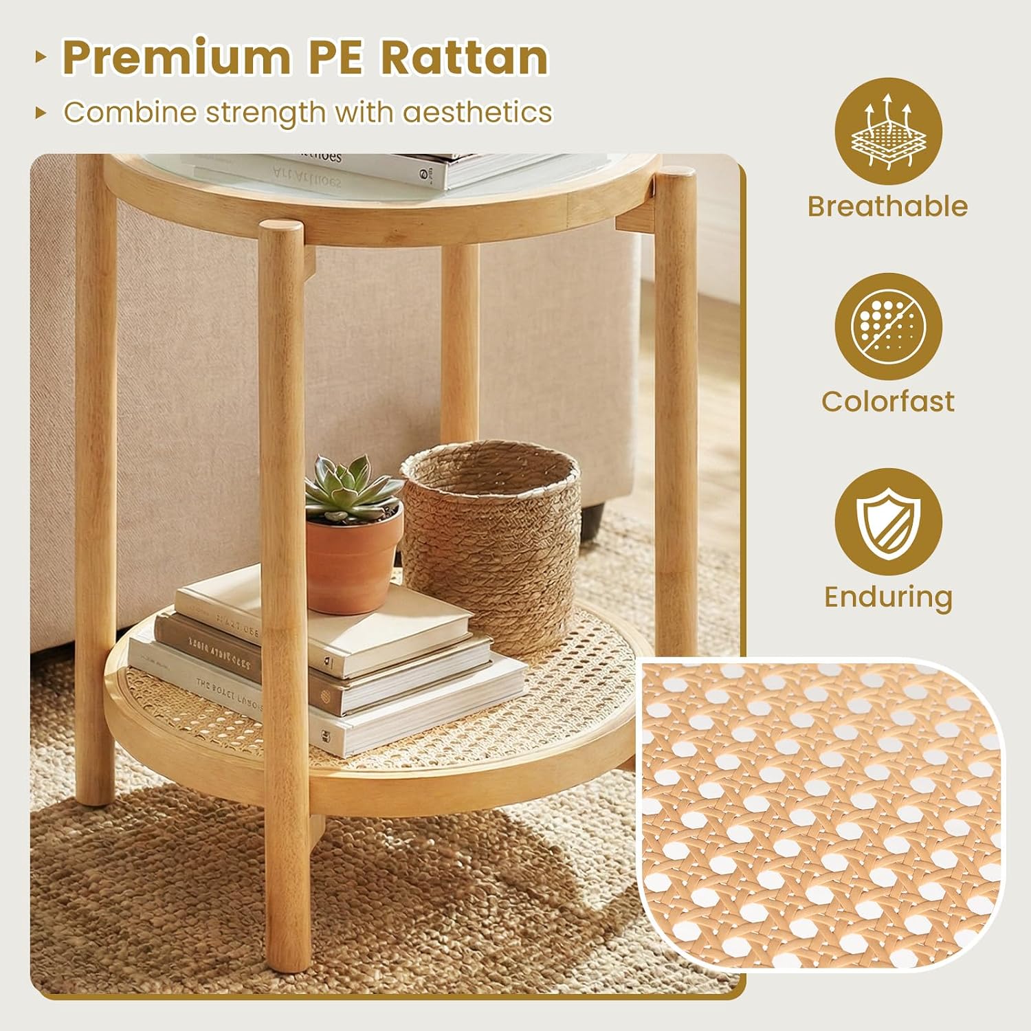 Giantex Rattan Round Side Table, 2-Tier Boho End Table w/Tempered Glass Top, Storage Shelf & Acacia Wood Legs, Accent Coffee Tables, Bedside Night Stand for Bedroom Living Room Small Space (Natural,1)