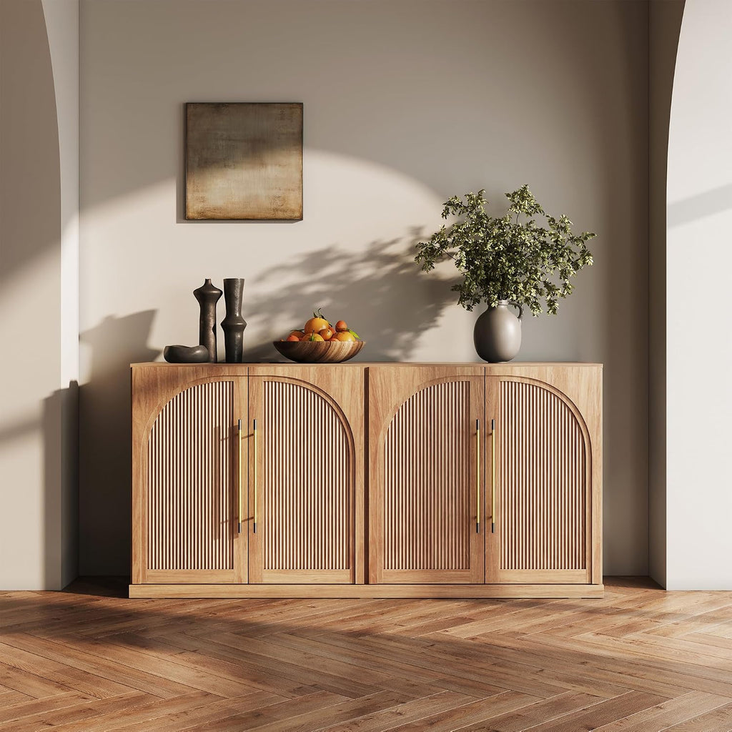 BELLEZE 65 Inch Sideboard Cabinet with Double-Arc Wood Doors, Large Buffet Cabinet with Storage and Adjustable Shelves, Classic Modern Console Table for Dining Room Living Room Entryway (Camel)