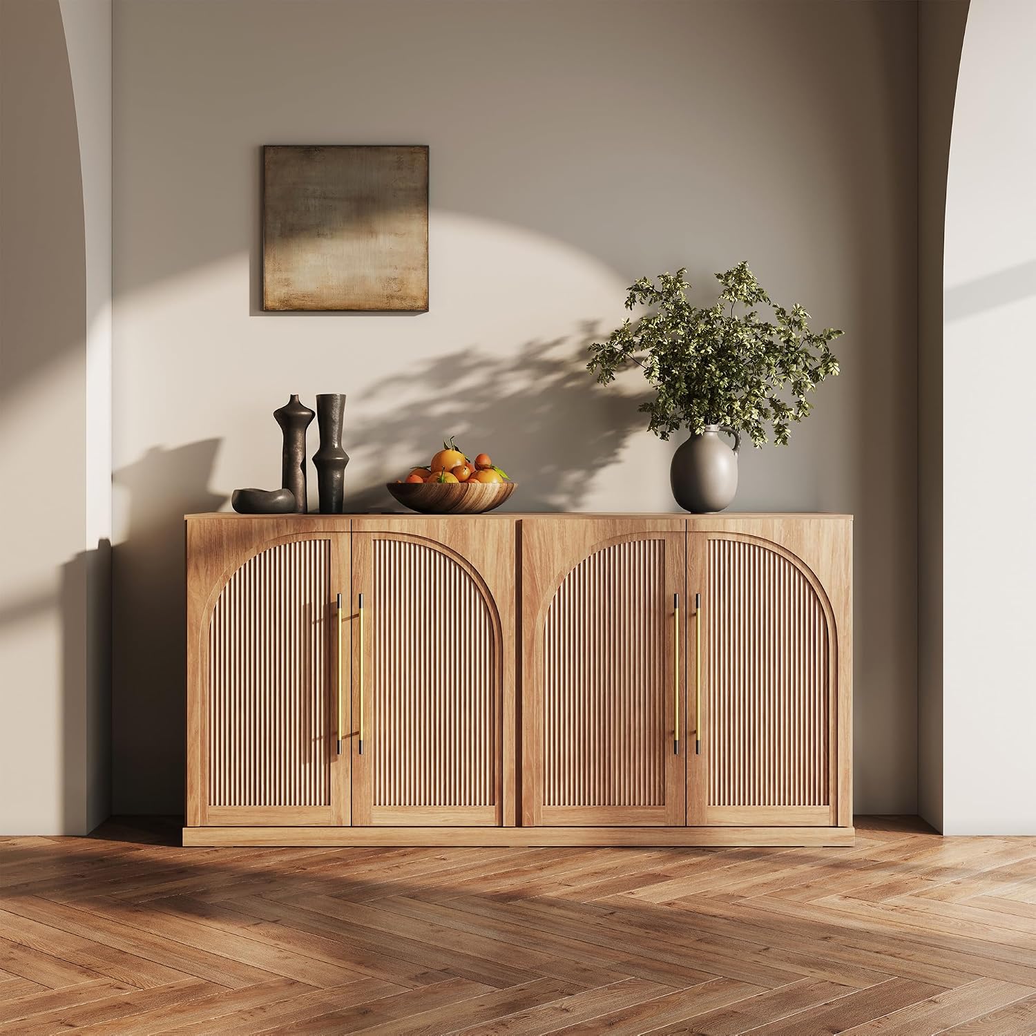BELLEZE 65 Inch Sideboard Cabinet with Double-Arc Wood Doors, Large Buffet Cabinet with Storage and Adjustable Shelves, Classic Modern Console Table for Dining Room Living Room Entryway (Camel)