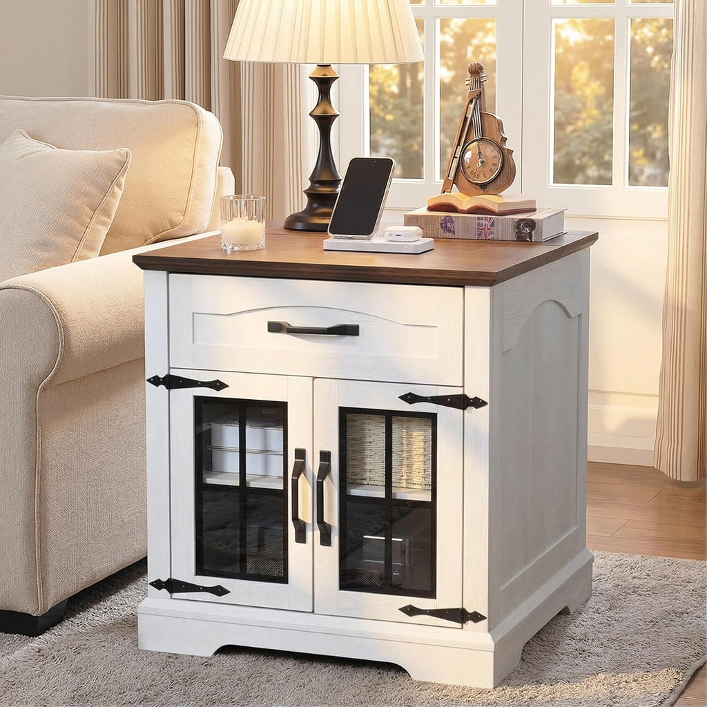 23.6" W Farmhouse End Table with Hidden Charging Station,Farmhouse Side Table with Drawer for Sofa Couch or Bedside, Rustic Nightstand with Storage for Living Room, Bedroom (Off White)