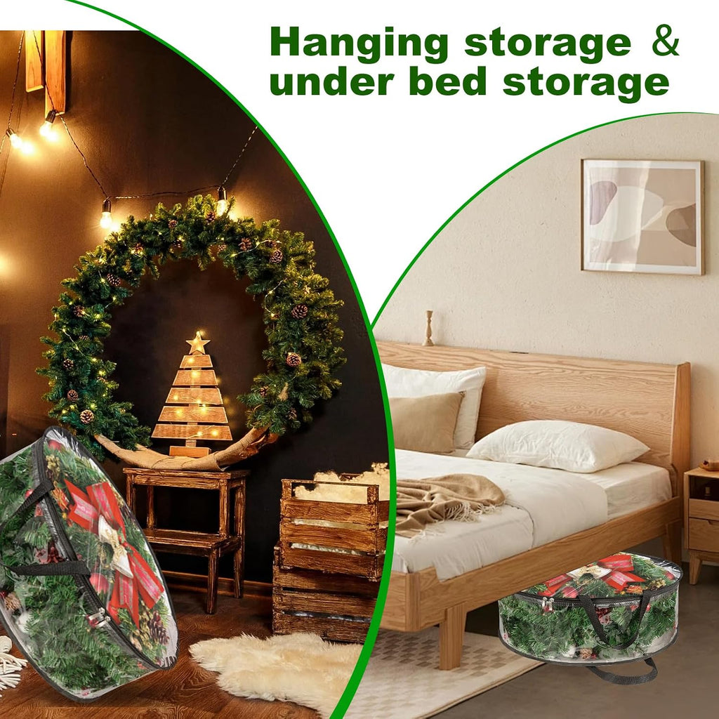 MUXHEL 5 Pcs Christmas Wreath Storage Bags, 24" Dia Round Wreath Storage Containers, Clear, Tear Resistant, Black