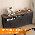 VVFLU 71" Large Sideboard Buffet Cabinet with Storage, Farmhouse Coffee Bar with 3 Drawers and 6 Barn Doors, Long Wider Storage Cabinet, for Kitchen, Dining Room, Living Room, Black Wood