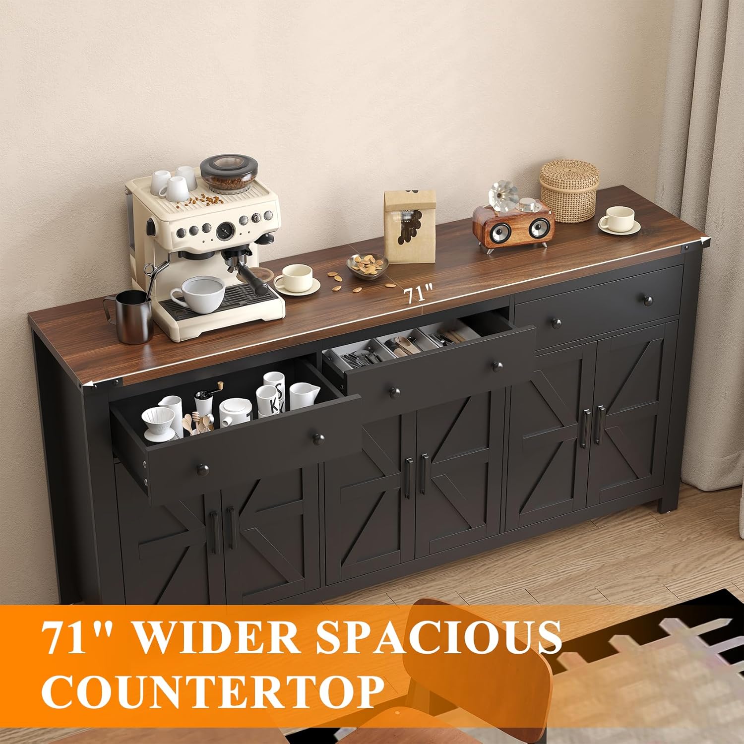 VVFLU 71" Large Sideboard Buffet Cabinet with Storage, Farmhouse Coffee Bar with 3 Drawers and 6 Barn Doors, Long Wider Storage Cabinet, for Kitchen, Dining Room, Living Room, Black Wood