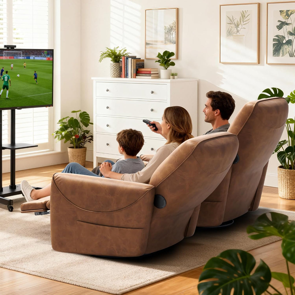 KINGYES Nursery Recliner Rocking Chair, 270° Swivel Glider, with Bluetooth Speaker & USB-C Port, Faux Leather Nursery Rocking Chair, Brown