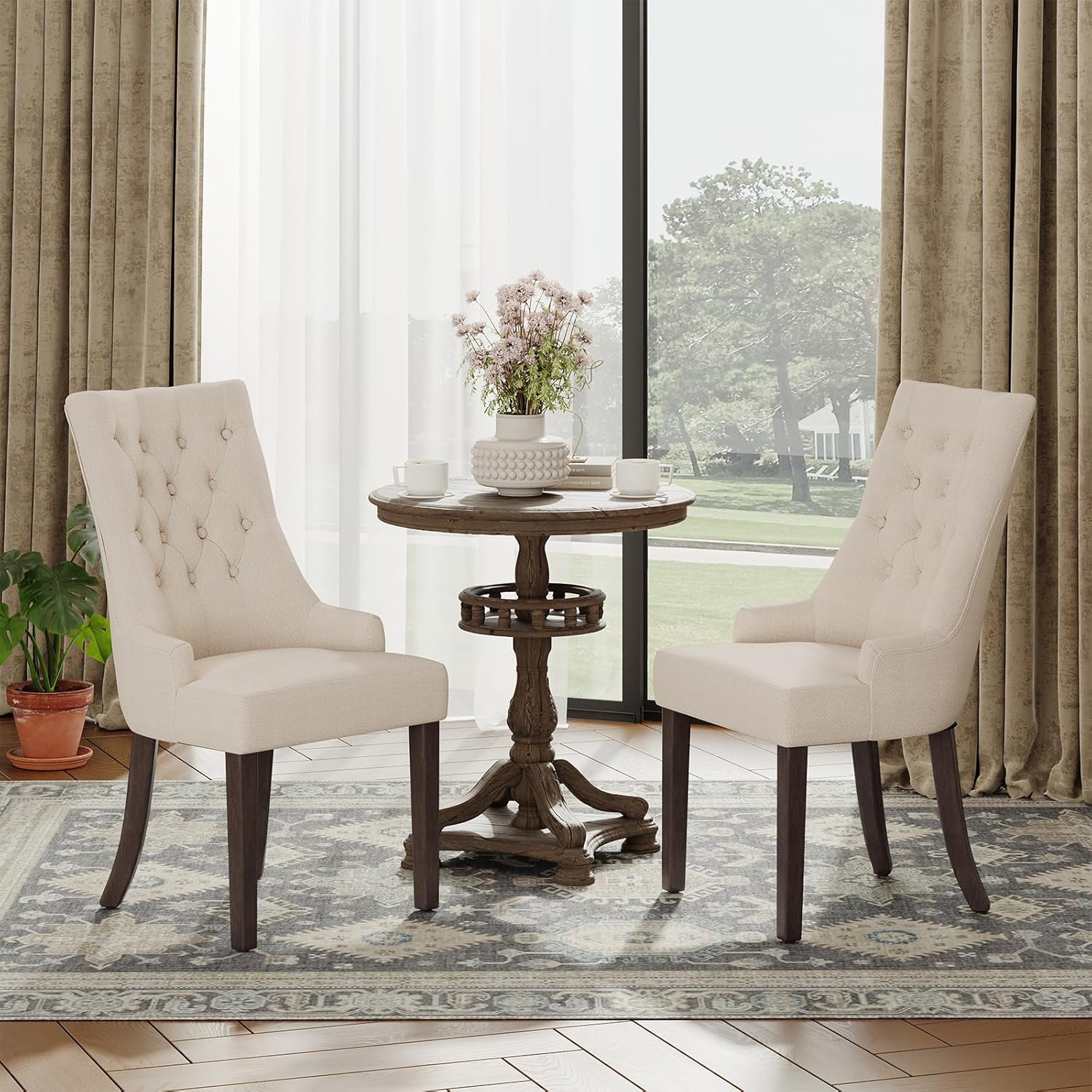 COLAMY Wingback Upholstered Dining Chairs Set of 4, Fabric Side Dining Room Chairs with Tufted Button, Living Room Chairs for Home Kitchen Resturant- Beige