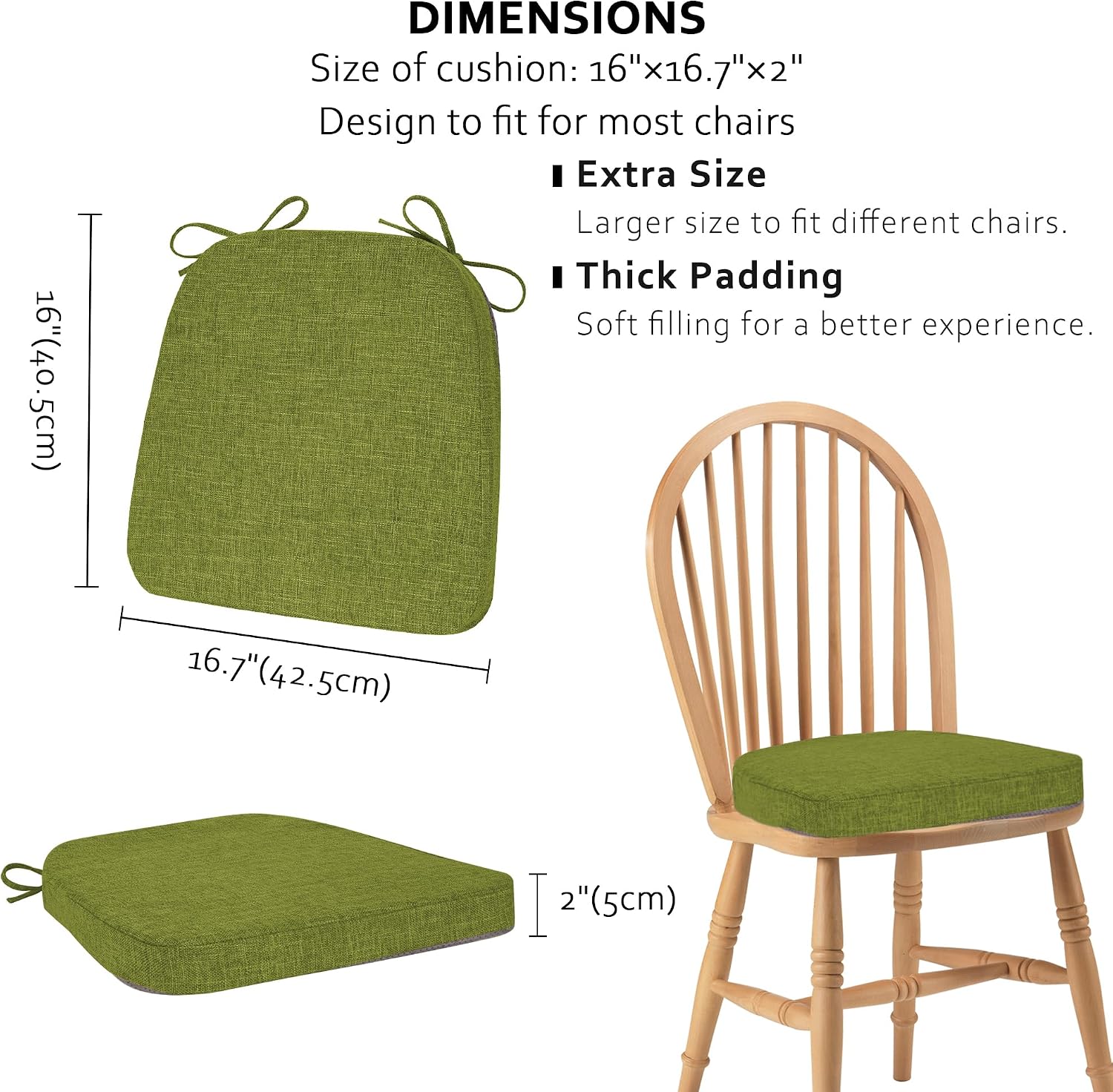 ELFJOY Chair Cushions for Dining Chairs Non Slip Chair Pads Set of 4 Seat Cushions with Ties Indoor 16.7" x 16" Green
