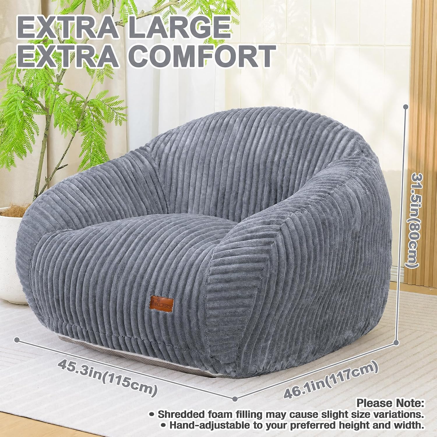 Bean Bag Chair with Armrests, Comfy Corduroy Bean Bag with Removable Cover, Handle for Adults, Oversized Floor Beanbag Couch for Living Room Bedroom Dorm (XL-Gray)