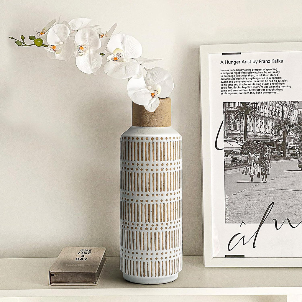 Rustic Ceramic Vase for Living Room Bedroom 11.02'' Farmhouse White Flower Vases for Bouquet Fake Plant Home Decor Office Table Shelf Fireplace Centerpieces Retro Vintage Classic Modern