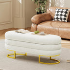Vabches 49" Ottoman with Storage, Storage Bench with Golden Metal Leg Large Oval Upholstered Linen End of Bed Bench for Living Room, Bedroom, Window & Entryway, 330 lb Capacity, White
