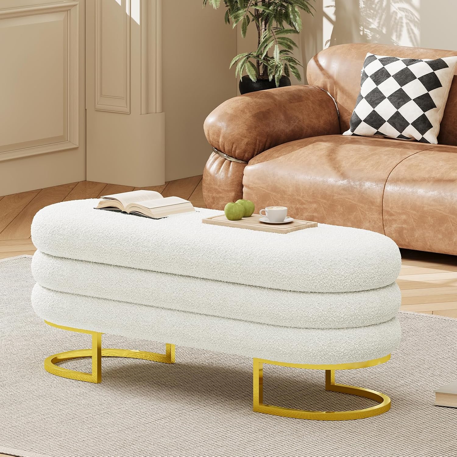 Vabches 49" Ottoman with Storage, Storage Bench with Golden Metal Leg Large Oval Upholstered Linen End of Bed Bench for Living Room, Bedroom, Window & Entryway, 330 lb Capacity, White