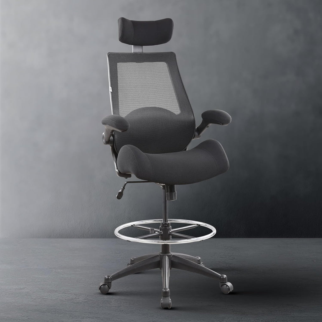 BOLISS Drafting Chair Tall Office Chair with Flip-up Armrests Executive Ergonomic Computer Standing Desk Chair with Lumbar Support and Adjustable Big Footrest Ring (Black)
