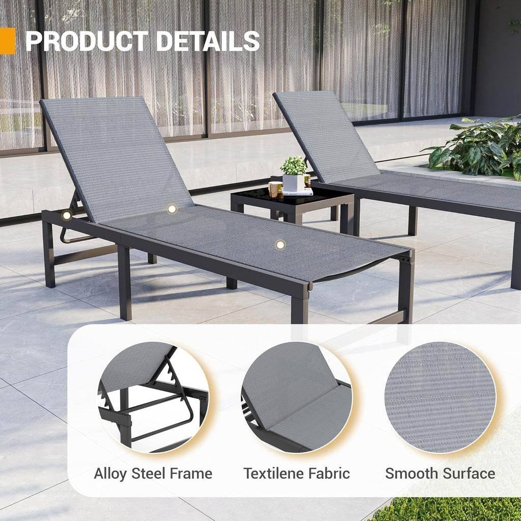 UDPATIO 3 Pieces Pool Lounge Chair Outdoor Chaise Chairs w/Table Adjustable 5-Position Recliner Poolside Sunloungers Lay Flat Sunbathing Chaise with Backrest for Patio,Beach,Yard