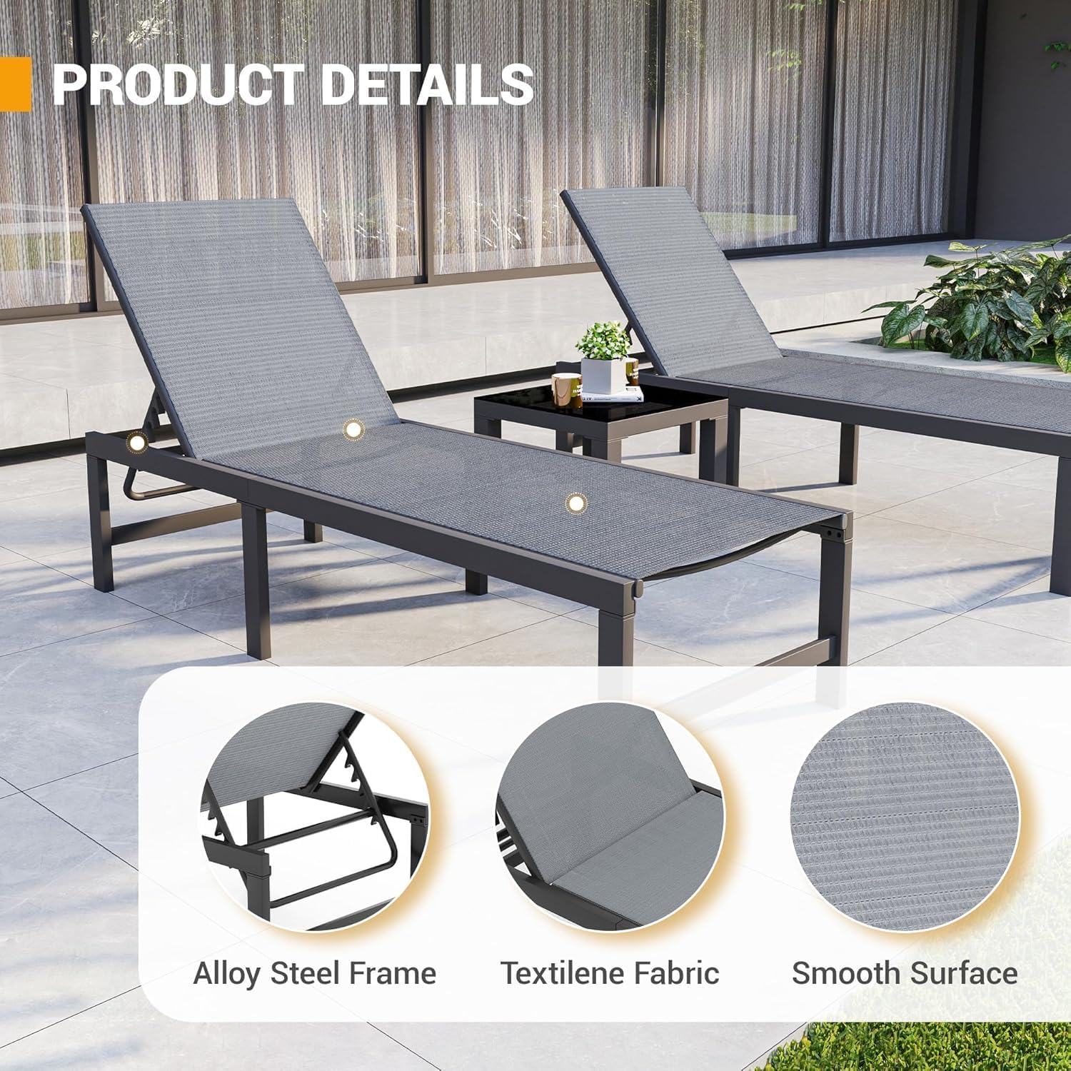 UDPATIO 3 Pieces Pool Lounge Chair Outdoor Chaise Chairs w/Table Adjustable 5-Position Recliner Poolside Sunloungers Lay Flat Sunbathing Chaise with Backrest for Patio,Beach,Yard