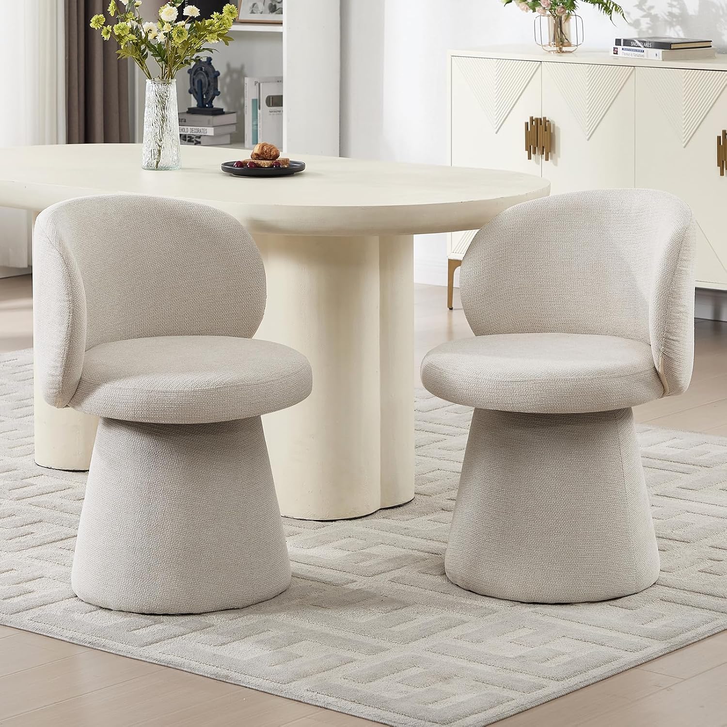 Swivel Dining Chair Set of 1, Modern Chenille Upholstered Boucle Swivel Barrel Chair, Comfy Fabric Accent Side Chairs for Kitchen Dining Living Vanity Room Bedroom, Beige