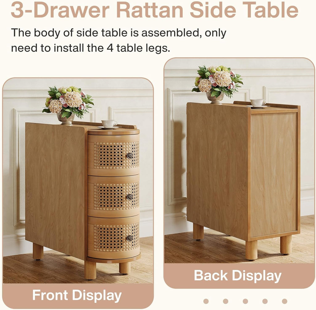 Tribesigns Solid Wood End Table, 3-Drawer Rattan Side Table, Night Stand with 3 Rattan Drawers and Exquisite Embossed Handles for Living Room, No Assembly Required (1, Oak)