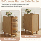 Tribesigns Solid Wood End Table, 3-Drawer Rattan Side Table, Night Stand with 3 Rattan Drawers and Exquisite Embossed Handles for Living Room, No Assembly Required (1, Oak)