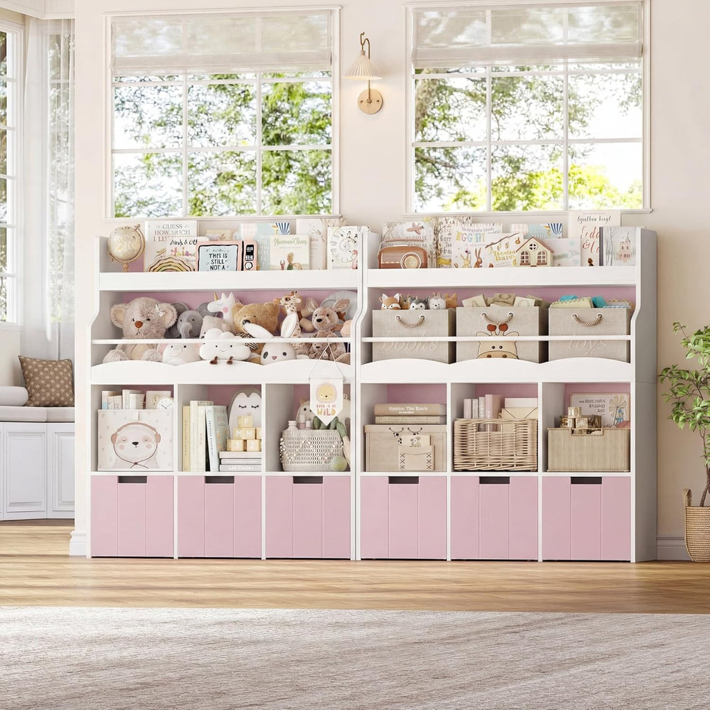 HITHOS Kids Toy Storage Organizer with Bookshelf, Multifunctional Book Shelf with 3 Movable Toy Organizers for Kids Room, Kids Bookcase and Toy Box, Toy Storage Chest for Playroom, Pink