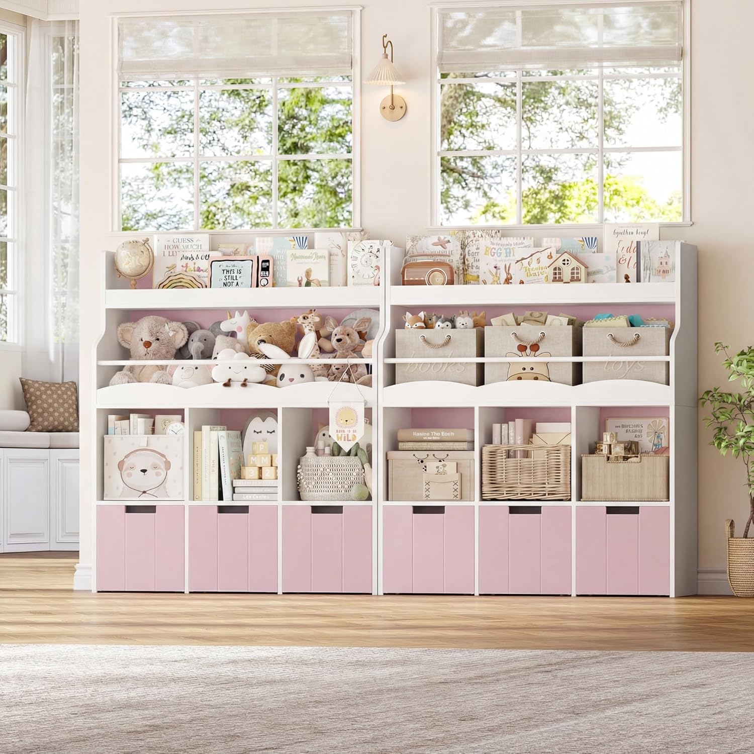 HITHOS Kids Toy Storage Organizer with Bookshelf, Multifunctional Book Shelf with 3 Movable Toy Organizers for Kids Room, Kids Bookcase and Toy Box, Toy Storage Chest for Playroom, Pink