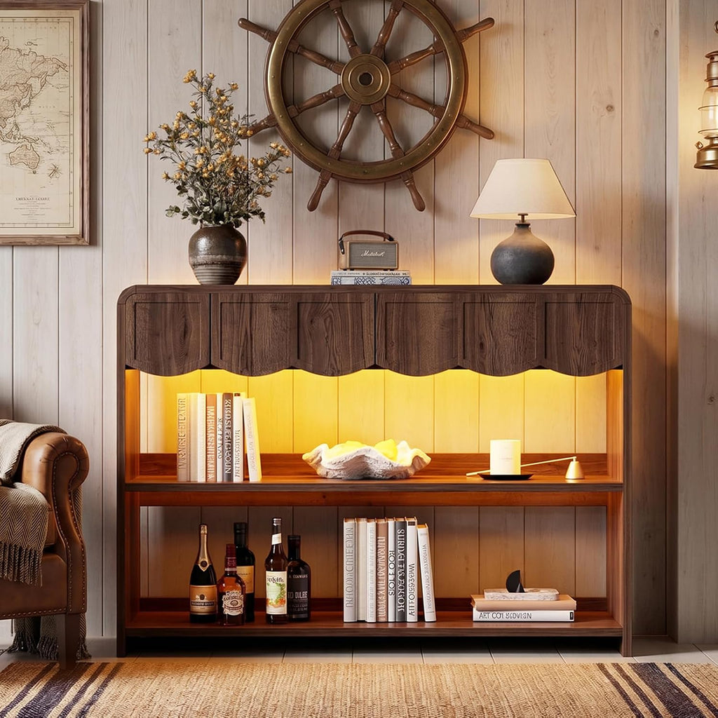 PAKASEPT Retro Entryway Table with RGB LED Lights, 43" Walnut Console Table with 3 Drawers & 2 Open Storage Shelves, Mid-Century Modern Hallway Accent Tables Behind Couch Table for Living Room
