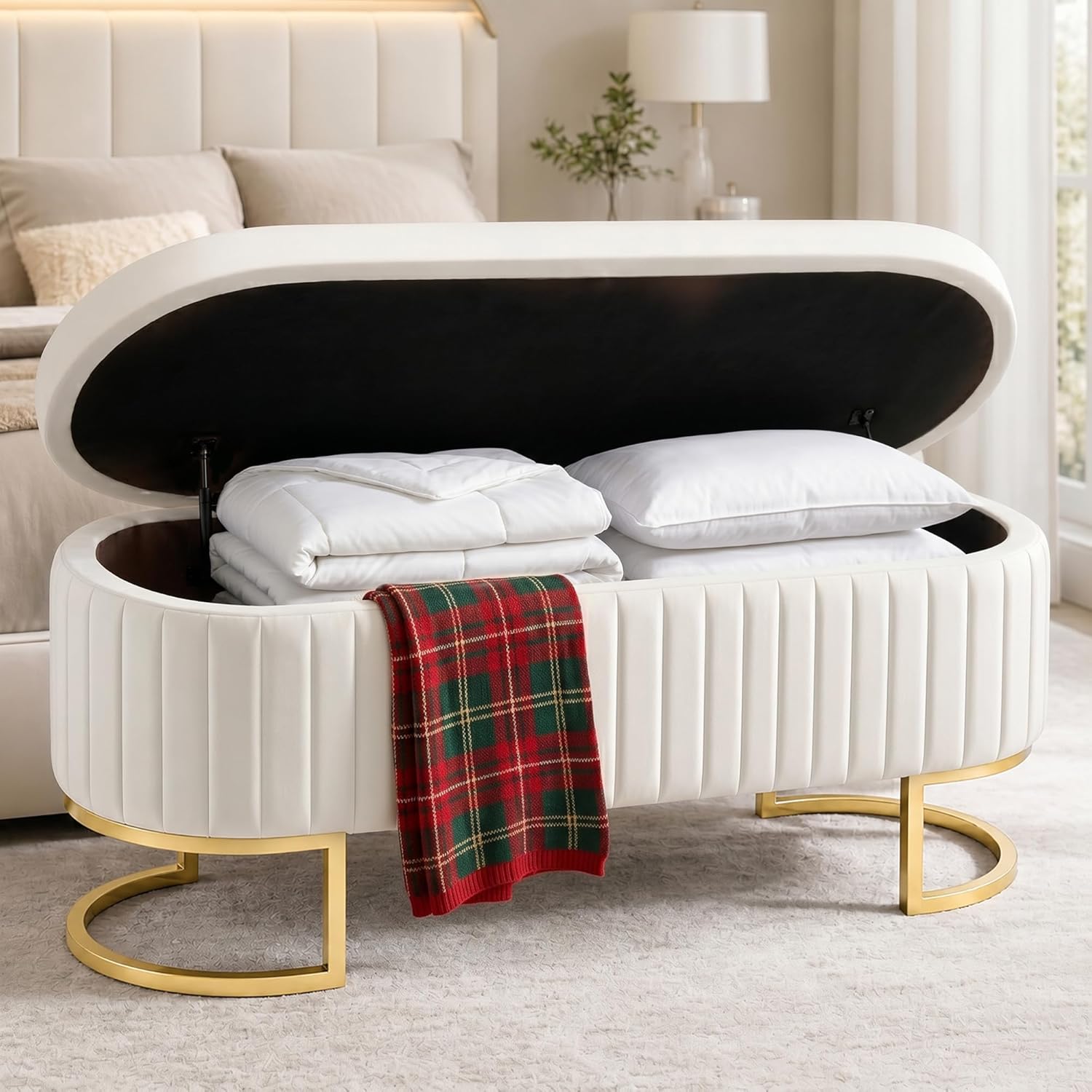 50.5" Velvet Storage Bench for Bedroom, Queen Size End of Bed Bench with Gold Legs, Modern Glam Channeled Tufted Ottoman Bench for Entryway, Living Room, Window Seat, Beige