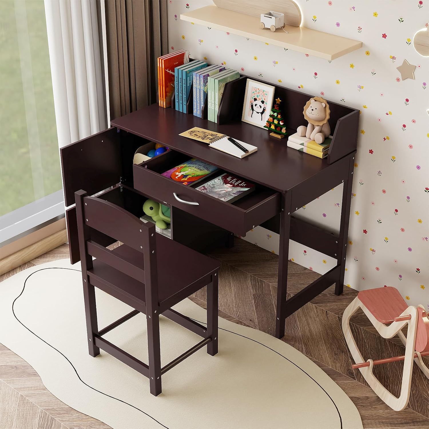 HONEY JOY Kids Desk and Chair Set, Wooden Children School Study Table and Chair w/Drawer, Storage Shelf & Cabinets, Student Computer Workstation Writing Desk for Bedroom, 3-8 Years Old (Dark Brown)